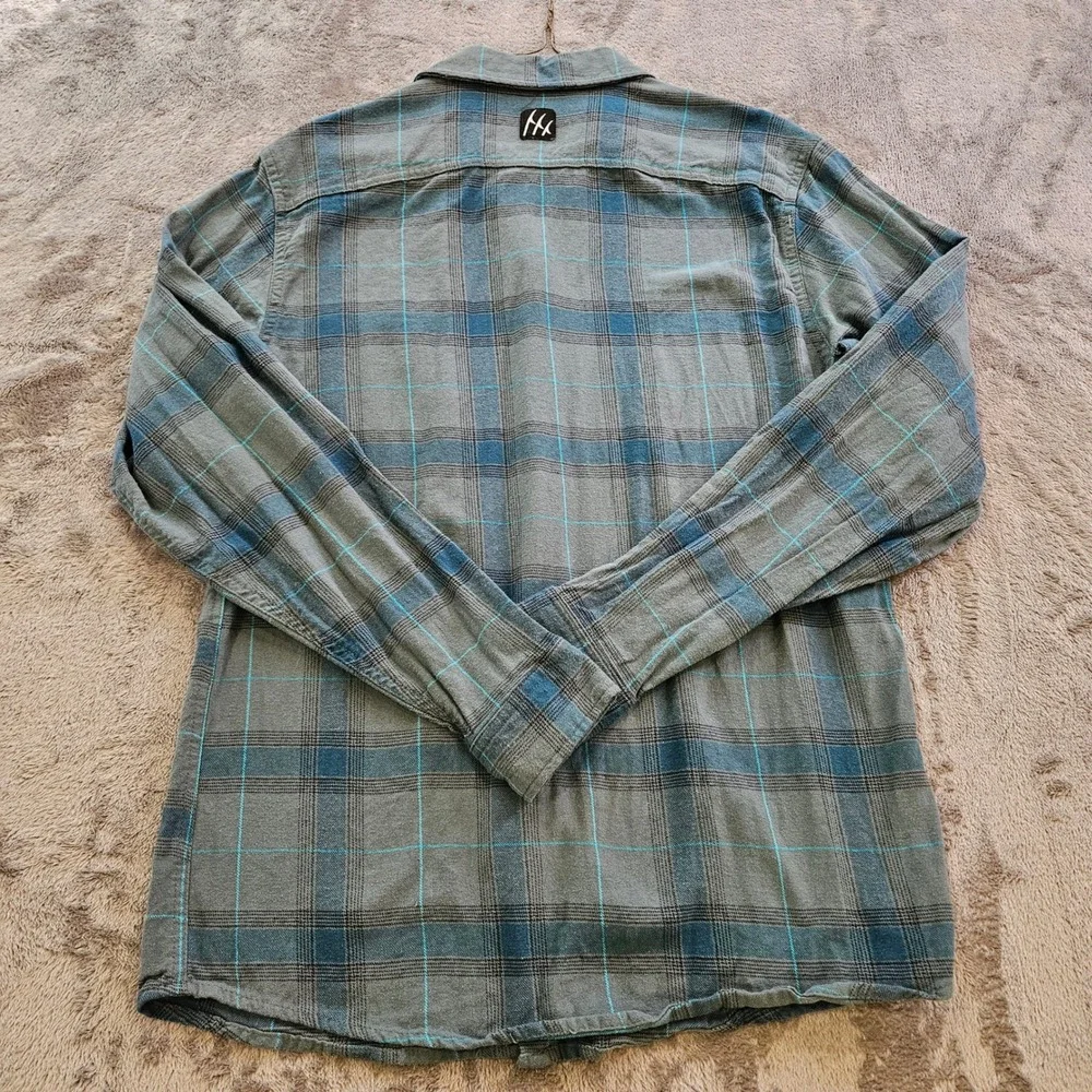 Fintech Mens Plaid‎ Flannel Long Sleeve Button Down Shirt Grey Blue Teal Size M